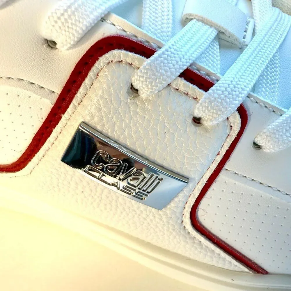 NWT Roberto Cavalli metal logo low top men sneaker in white with red accent Size